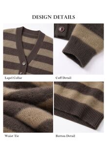 ELLERISSA Plus Size Coffee Brown Stripe Knit Cardigan V Neck Button Front Long Sleeve Oversized Fit - Coffee Brown - View 8
