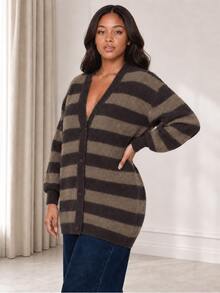 ELLERISSA Plus Size Coffee Brown Stripe Knit Cardigan V Neck Button Front Long Sleeve Oversized Fit - Coffee Brown - View 6