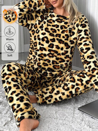 SHEIN Cottnline Damen 2 Stücke mehrfarbiges Leopardenmuster flauschig & plüschiger Stoff Rundhals Langarm & lange Hose Hauskleidung bequem weich lässig Pyjama Set für Damen