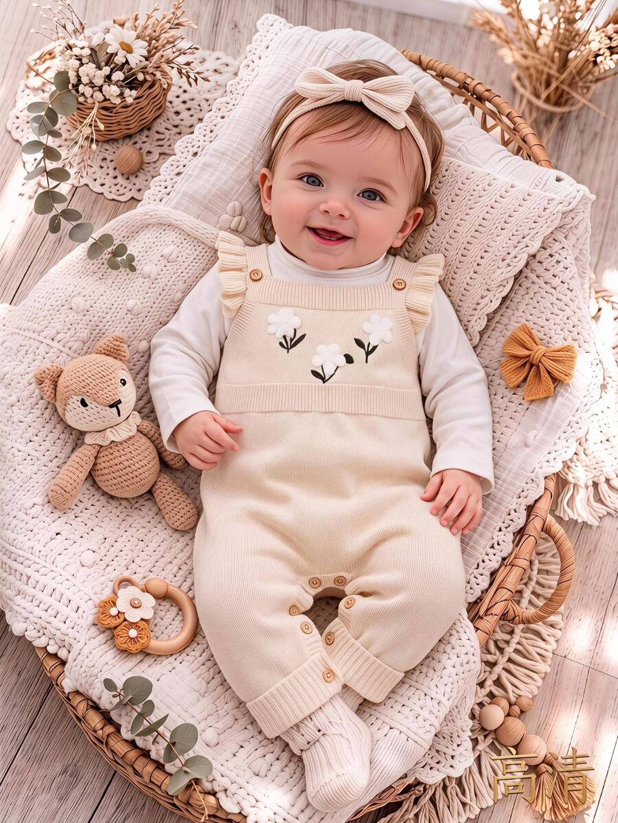 Cozy Pixies Baby Baby Girl Newborn Girl Apricot Knit Romper, Long Pants, Embroidered Rabbit Floral Pattern - Multicolor - View 1