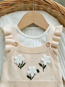 Cozy Pixies 嬰兒女寶寶新生兒杏色針織連身褲長褲，刺繡兔子花卉圖案 - 彩色 - 查看 4