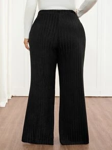 SHEIN CURVE+ Plus Size Women Black Ribbed Knit Flare Leg Slim Fit Pants, Autumn/Winter Fall - Black - View 11