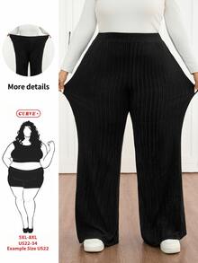 SHEIN CURVE+ Plus Size Women Black Ribbed Knit Flare Leg Slim Fit Pants, Autumn/Winter Fall - Black - View 5