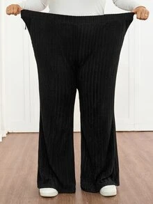 SHEIN CURVE+ Plus Size Women Black Ribbed Knit Flare Leg Slim Fit Pants, Autumn/Winter Fall - Black - View 6