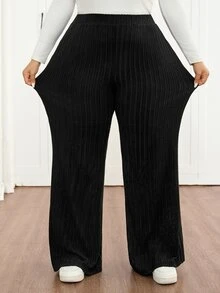 SHEIN CURVE+ Plus Size Women Black Ribbed Knit Flare Leg Slim Fit Pants, Autumn/Winter Fall - Black - View 10