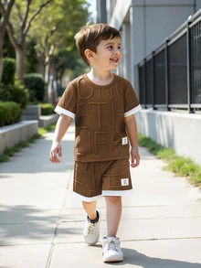 SHEIN 2pcs/Set Young Boy Casual Solid Color Jacquard Fabric Short Sleeve Patchwork Contrast Color T-Shirt And Shorts Set, Suitable For Daily Casual Outdoor Activities, Spring/Summer - Brown - View 4