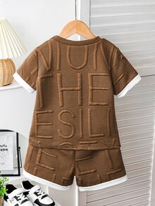 SHEIN 2pcs/Set Young Boy Casual Solid Color Jacquard Fabric Short Sleeve Patchwork Contrast Color T-Shirt And Shorts Set, Suitable For Daily Casual Outdoor Activities, Spring/Summer - Brown - View 3