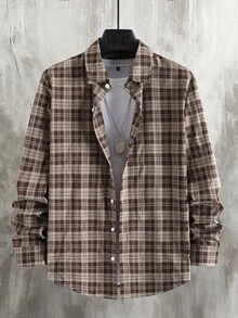 Manfinity CasualCool 男士休閒街頭格紋單排扣長袖襯衫，適合度假、秋季、聖誕節，正式場合 - 棕色 - 查看 4