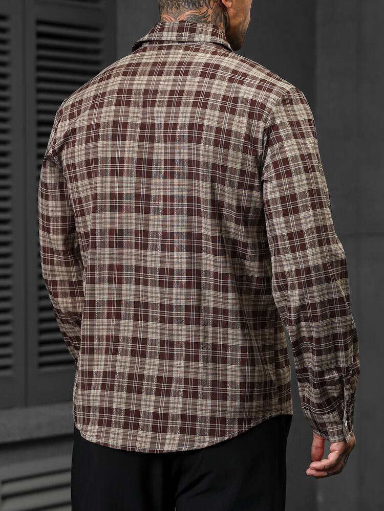Manfinity CasualCool Men's Casual Plaid Single-Breasted Long Sleeve Shirt - Brown - View 3