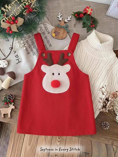 Cozy Pixies Baby Girls Dresses Cute Woven Ribbed Red Corduroy Pinafore Dress, Cute Christmas Bear Patch Embroidery Deer Horn Decoration Baby Girl Suitable For Autumn/Winter Nordic Style Mori Style Cute Style Holiday New Year Christmas
