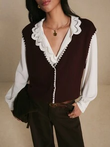 Poéselle 女款對比色荷葉邊飾V領前開扣針織背心開襟衫,鄉村風秋冬休閒街頭與辦公通勤毛衣 - 中紫紅色 - 查看 6