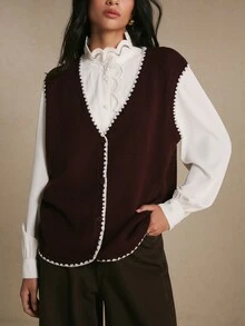 Poéselle 女款對比色荷葉邊飾V領前開扣針織背心開襟衫,鄉村風秋冬休閒街頭與辦公通勤毛衣 - 中紫紅色 - 查看 8