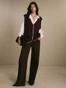 Poéselle 女款對比色荷葉邊飾V領前開扣針織背心開襟衫,鄉村風秋冬休閒街頭與辦公通勤毛衣 - 中紫紅色 - 查看 3