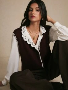 Poéselle 女款對比色荷葉邊飾V領前開扣針織背心開襟衫,鄉村風秋冬休閒街頭與辦公通勤毛衣 - 中紫紅色 - 查看 10