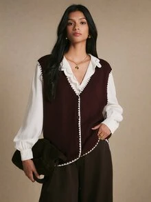 Poéselle 女款對比色荷葉邊飾V領前開扣針織背心開襟衫,鄉村風秋冬休閒街頭與辦公通勤毛衣 - 中紫紅色 - 查看 9