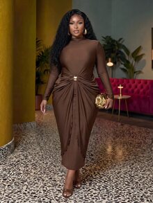 Slaydiva Spring Early Autumn New Elegant & Graceful, Party, Date, Cocktail, Girls' Gathering, Wedding Season, Graduation Season, Birthday Party Occasions Slim Fit Solid Brown Long Sleeve Round Neck Knit Patchwork Cutout Metal Button Decor Layered Ruffle Women's Plus Size Long Dress-A - Brown - View 8