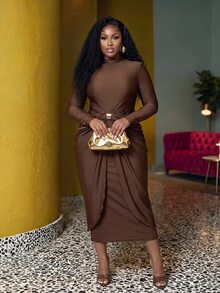 Slaydiva Spring Early Autumn New Elegant & Graceful, Party, Date, Cocktail, Girls' Gathering, Wedding Season, Graduation Season, Birthday Party Occasions Slim Fit Solid Brown Long Sleeve Round Neck Knit Patchwork Cutout Metal Button Decor Layered Ruffle Women's Plus Size Long Dress-A - Brown - View 10