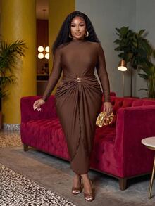 Slaydiva Spring Early Autumn New Elegant & Graceful, Party, Date, Cocktail, Girls' Gathering, Wedding Season, Graduation Season, Birthday Party Occasions Slim Fit Solid Brown Long Sleeve Round Neck Knit Patchwork Cutout Metal Button Decor Layered Ruffle Women's Plus Size Long Dress-A - Brown - View 4