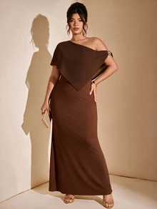 Cravure Gaun Pesta Formal Elegan Model Duyung Slim Fit dengan Satu Bahu dan Jubah Transparan Ukuran Plus - Coklat - View 5