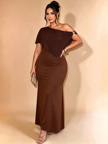 Cravure Gaun Pesta Formal Elegan Model Duyung Slim Fit dengan Satu Bahu dan Jubah Transparan Ukuran Plus - Coklat - View 1