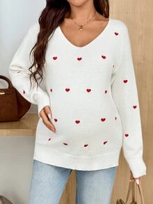 SHEIN Maternity Autumn/Winter Casual Heart Embroidered Sweater - White - View 7