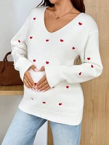 SHEIN Maternity Autumn/Winter Casual Heart Embroidered Sweater - White - View 4