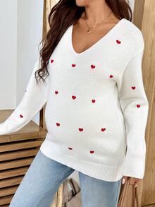 SHEIN Maternity Autumn/Winter Casual Heart Embroidered Sweater - White - View 8