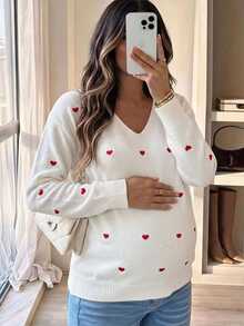SHEIN Maternity Autumn/Winter Casual Heart Embroidered Sweater - White - View 1