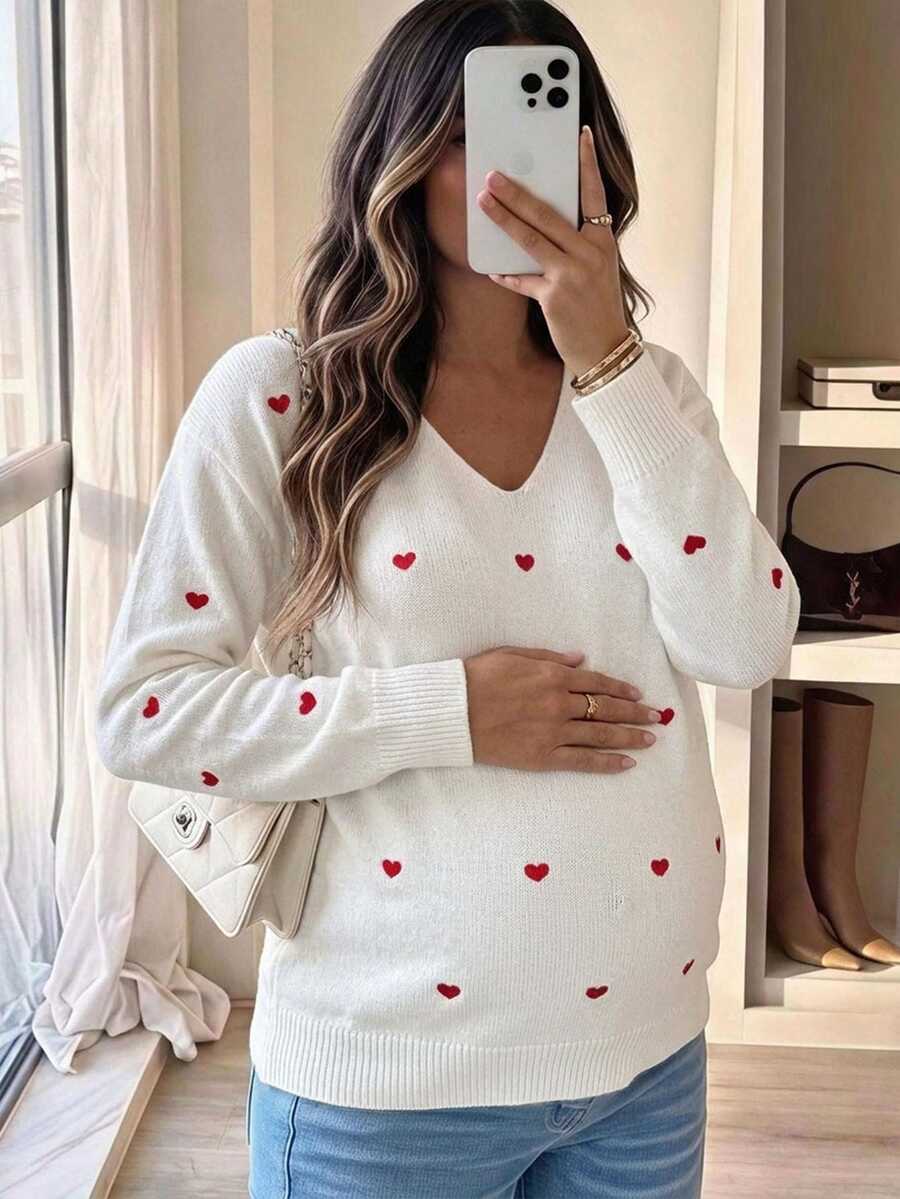 SHEIN Maternity Autumn/Winter Casual Heart Embroidered Sweater - White - View 1