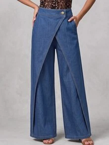 GlowEve Jeans Wanita Denim Kancing Depan Asimetris untuk Harian Musim Gugur, Kasual, Washed, Nyaman dan Menawan - Medium Wash - View 4