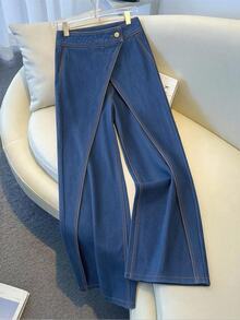 GlowEve Jeans Wanita Denim Kancing Depan Asimetris untuk Harian Musim Gugur, Kasual, Washed, Nyaman dan Menawan - Medium Wash - View 1