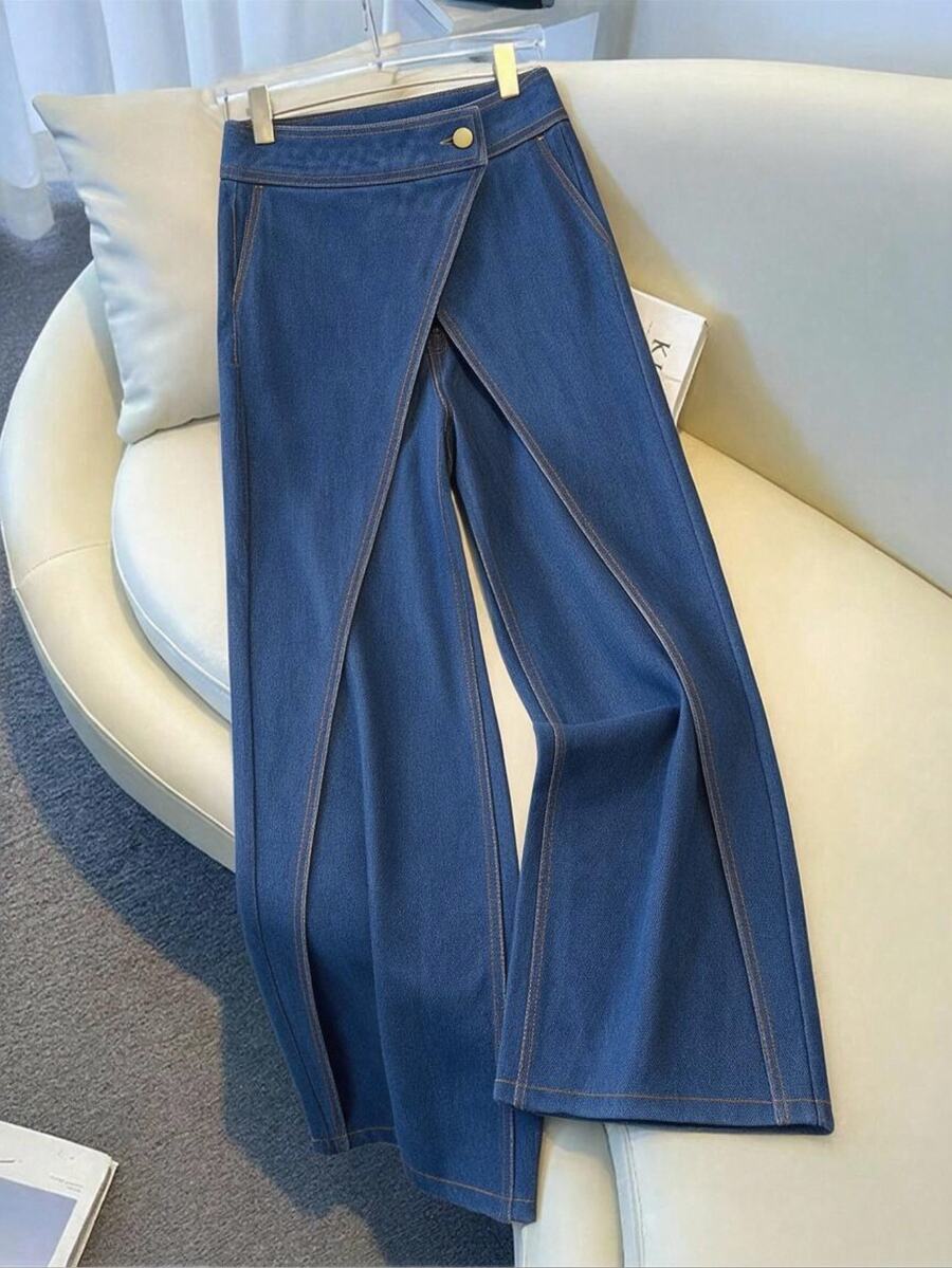 GlowEve Jeans Wanita Denim Kancing Depan Asimetris untuk Harian Musim Gugur, Kasual, Washed, Nyaman dan Menawan - Medium Wash - View 1