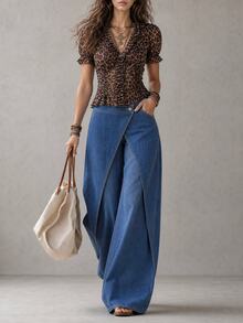GlowEve Jeans Wanita Denim Kancing Depan Asimetris untuk Harian Musim Gugur, Kasual, Washed, Nyaman dan Menawan - Medium Wash - View 7