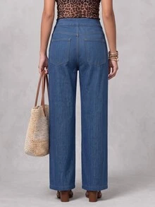 GlowEve Jeans Wanita Denim Kancing Depan Asimetris untuk Harian Musim Gugur, Kasual, Washed, Nyaman dan Menawan - Medium Wash - View 6