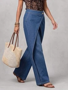 GlowEve Jeans Wanita Denim Kancing Depan Asimetris untuk Harian Musim Gugur, Kasual, Washed, Nyaman dan Menawan - Medium Wash - View 3