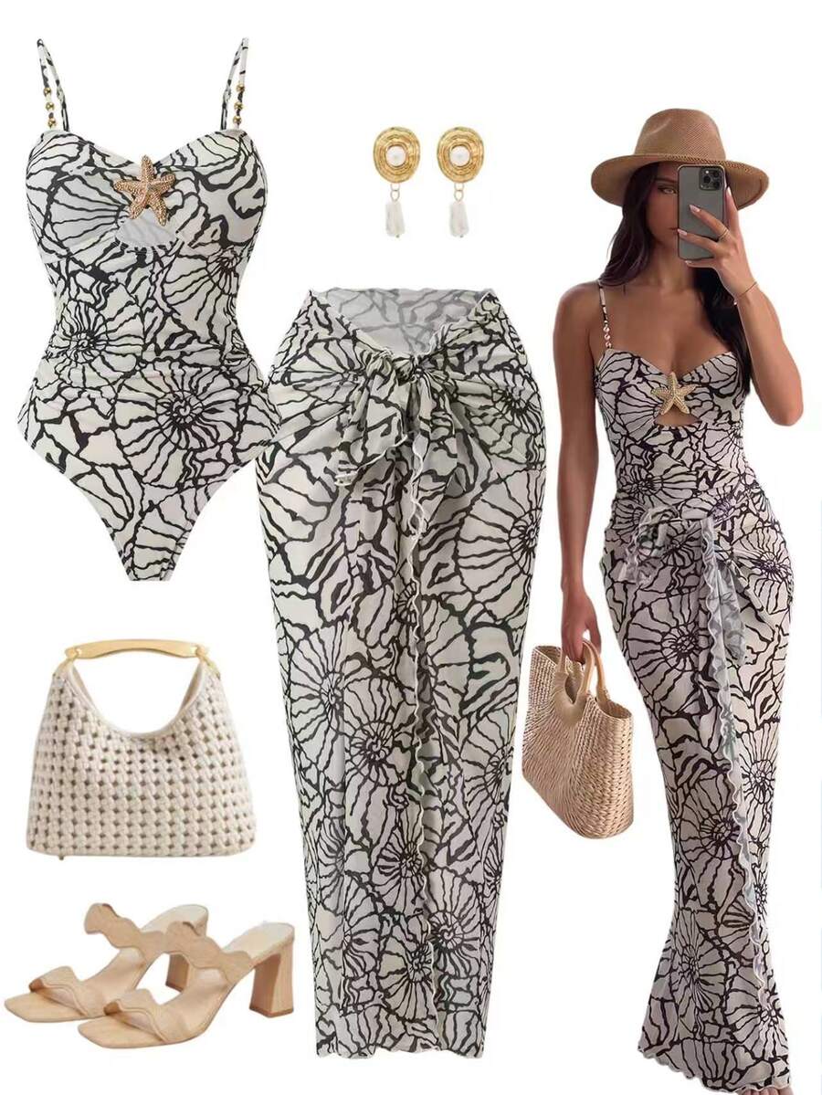 Swim Oasis Women's Summer Beach Vacation Front Cut-Out Starfish Decor Ruched Flattering One-Piece Swimsuit With Tie-Up Maxi Skirt - Multicolor - View 1