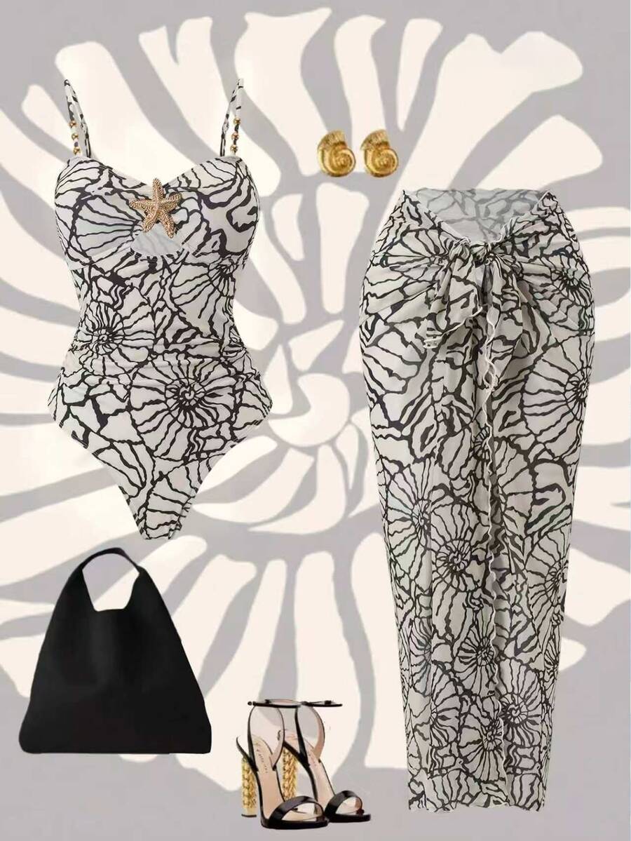 Swim Oasis Women's Summer Beach Vacation Front Cut-Out Starfish Decor Ruched Flattering One-Piece Swimsuit With Tie-Up Maxi Skirt - Multicolor - View 1