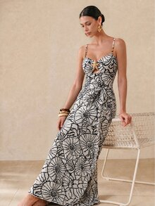Swim Oasis Women's Summer Beach Vacation Front Cut-Out Starfish Decor Ruched Flattering One-Piece Swimsuit With Tie-Up Maxi Skirt - Multicolor - View 5