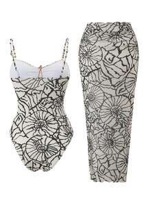 Swim Oasis Women's Summer Beach Vacation Front Cut-Out Starfish Decor Ruched Flattering One-Piece Swimsuit With Tie-Up Maxi Skirt - Multicolor - View 2