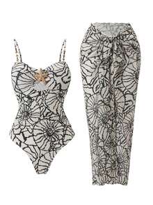 Swim Oasis Women's Summer Beach Vacation Front Cut-Out Starfish Decor Ruched Flattering One-Piece Swimsuit With Tie-Up Maxi Skirt - Multicolor - View 8