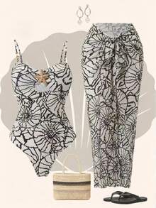 Swim Oasis Women's Summer Beach Vacation Front Cut-Out Starfish Decor Ruched Flattering One-Piece Swimsuit With Tie-Up Maxi Skirt - Multicolor - View 7