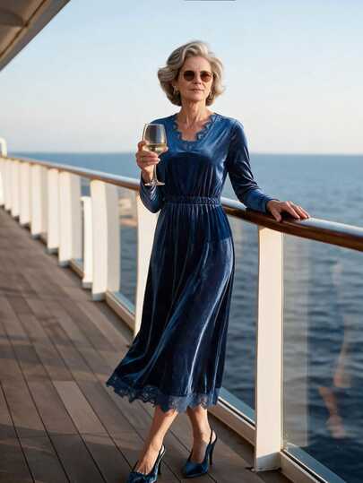 Offisola Europäisches und amerikanisches Herbst/Winter einfarbiges Samt-Spitzen-Patchwork V-Ausschnitt tailliertes A-Linien Langarm Damenkleid, elegant und raffiniert, geeignet für formelle Bankette, Feiertagspartys und Zusammenkünfte