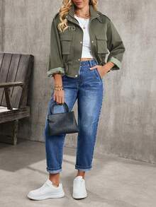 EMERY ROSE Plus Size Women's Fashion Washed Pocket Jeans - Blue - View 4