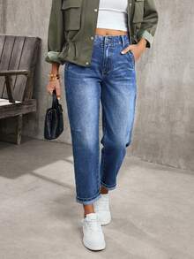 EMERY ROSE Plus Size Women's Fashion Washed Pocket Jeans - Blue - View 1