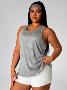 Rhythm Era Plus Size Women Camouflage Print Casual Fitness Sports Tank Top - Light Grey - View 7