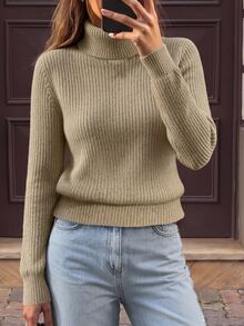 SHEIN Women's Solid Color Turtleneck Long Sleeve Casual Pullover Sweater - Khaki - View 5