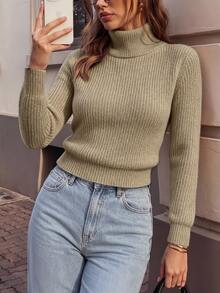 SHEIN Women's Solid Color Turtleneck Long Sleeve Casual Pullover Sweater - Khaki - View 7