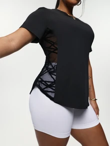 Rhythm Era Plus Size Women's Crew Neck Short Sleeve Geometric Mesh Splice Sports Cow Girl T-Shirt, Workout Top Gym Shirts Black Summer - Black - View 8