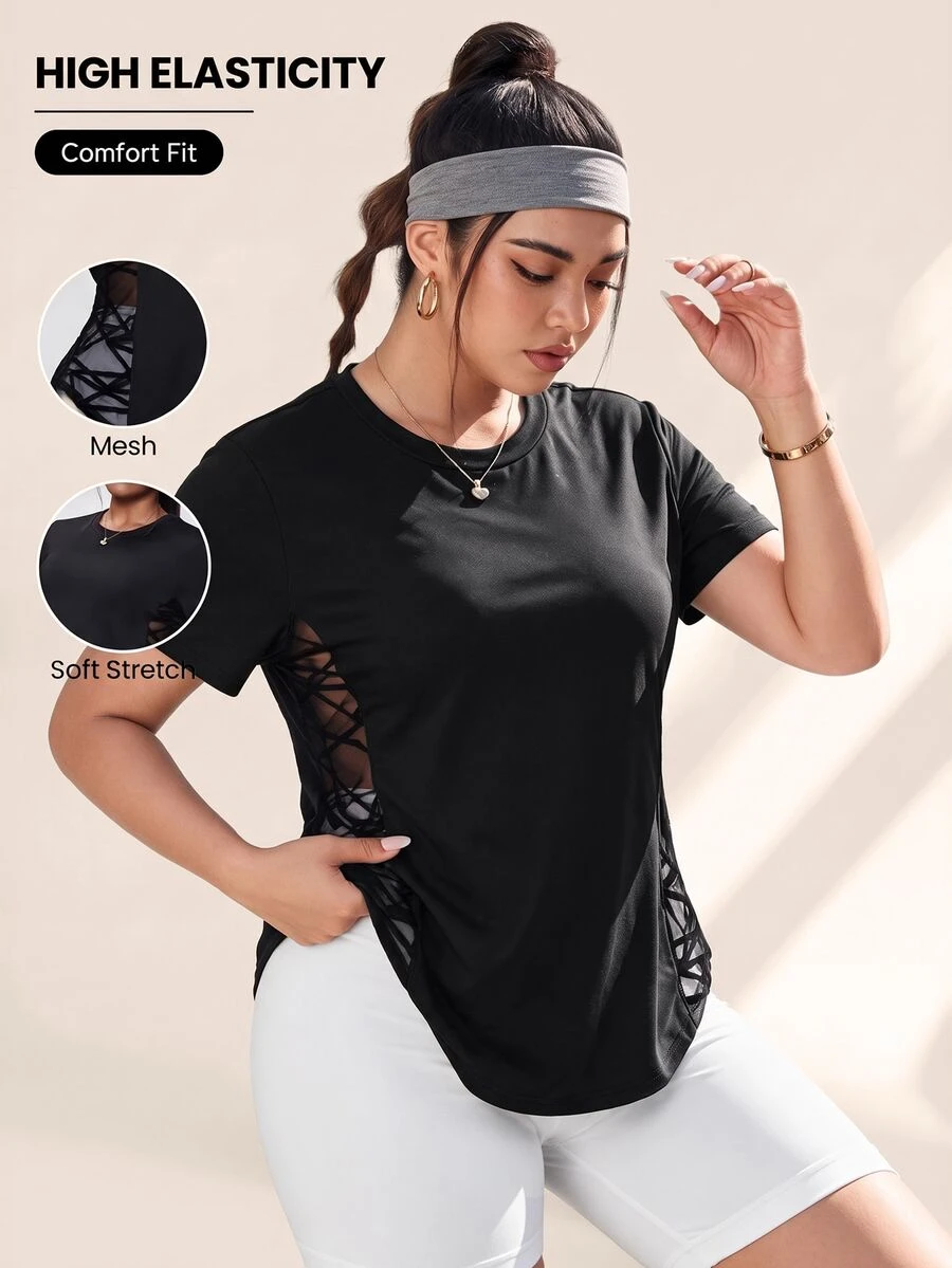 Rhythm Era Plus Size Women's Crew Neck Short Sleeve Geometric Mesh Splice Sports Cow Girl T-Shirt, Workout Top Gym Shirts Black Summer - Black - View 1