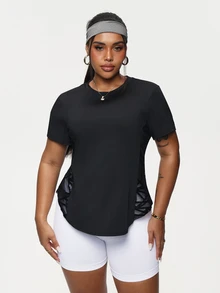 Rhythm Era Plus Size Women's Crew Neck Short Sleeve Geometric Mesh Splice Sports Cow Girl T-Shirt, Workout Top Gym Shirts Black Summer - Black - View 5